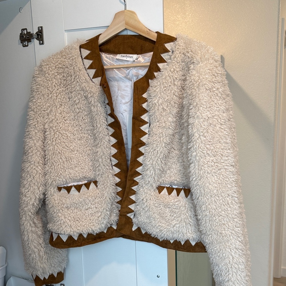 Taelynn Cozy Cream and Brown Jacket BOHO Size L (but will fit M)
